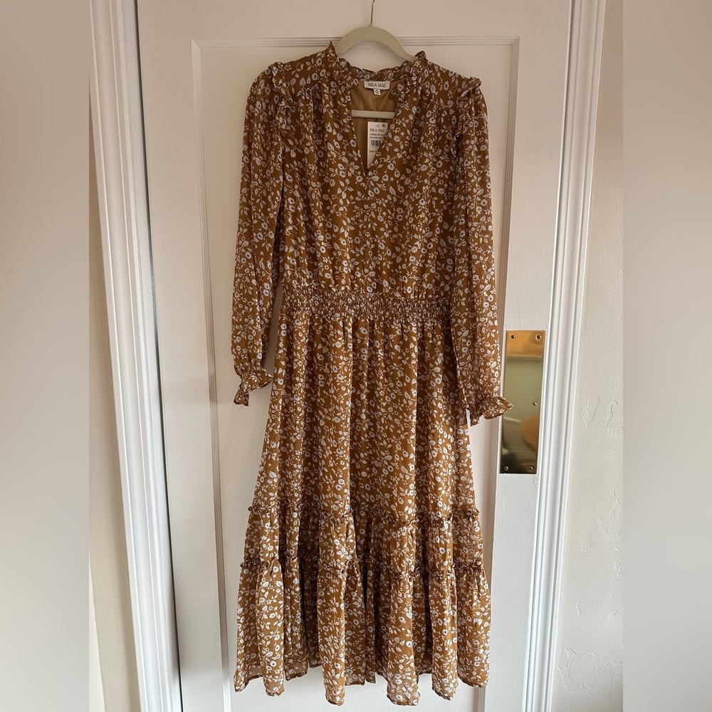 Long Sleeve Floral Brown Dress